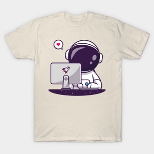 Cute Astronaut Working With Computer Cartoon T-Shirt